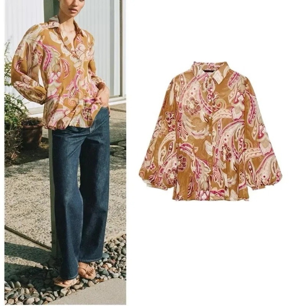 Zara Patterned Sheer Blouse Retro Oversized Paisley Multicolor Button Down Sz M